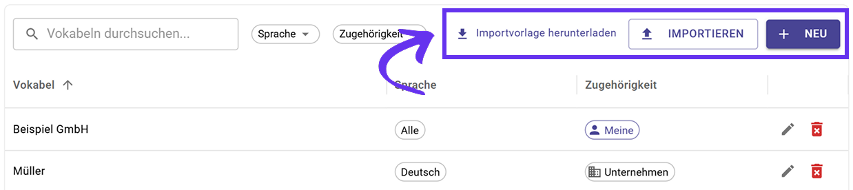 Bulk vocabulary import with Excel template in Sally AI