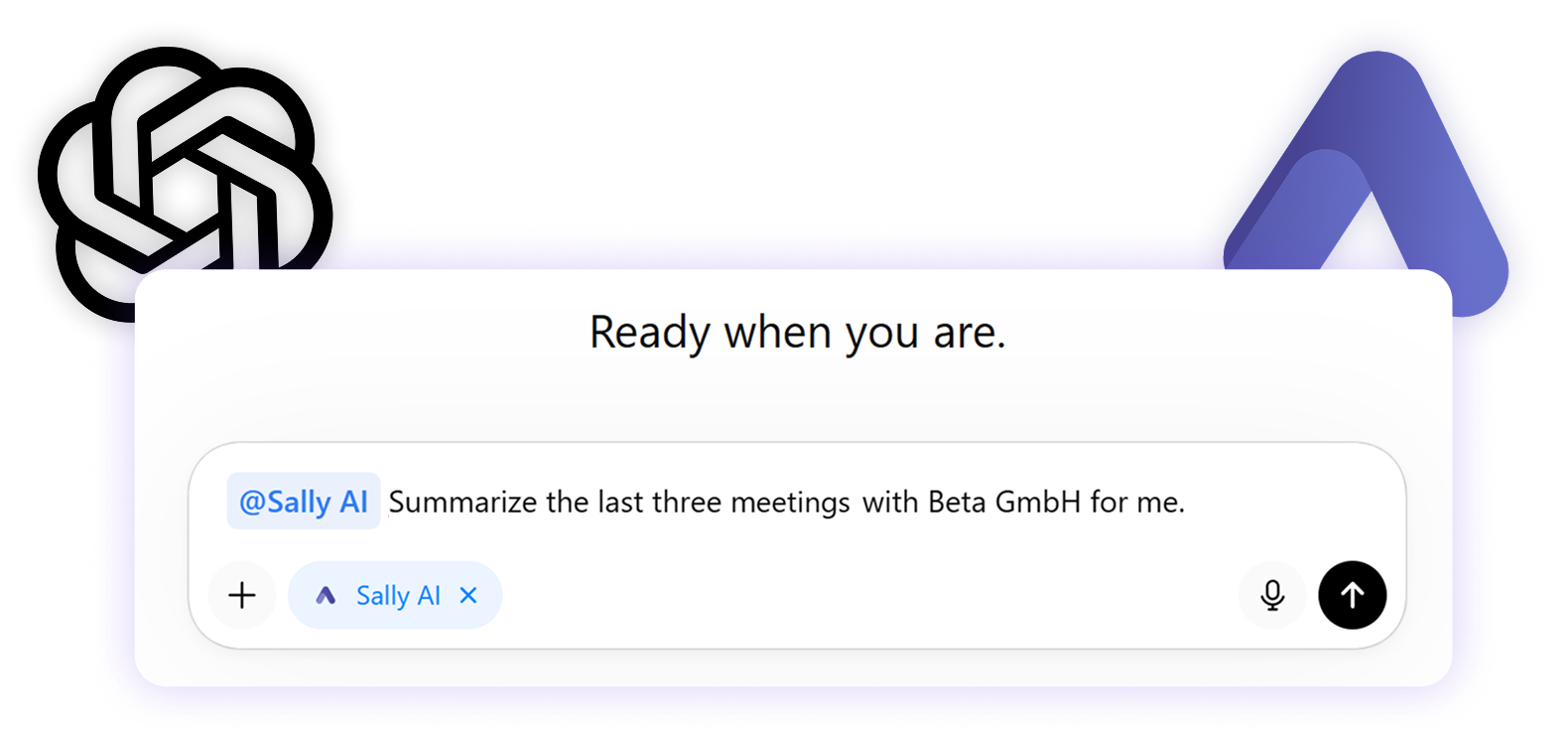 ChatGPT chat input with the Sally AI app selected, asking to summarize the last three meetings with Beta GmbH