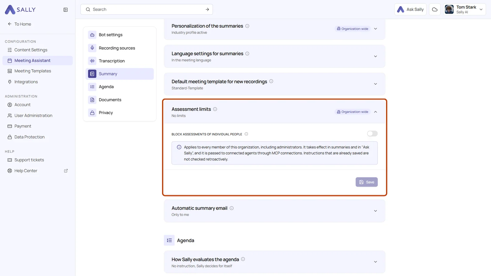 Summary tab of the meeting assistant with the Assessment limits card expanded, the Block assessments of individual people switch and the Save button