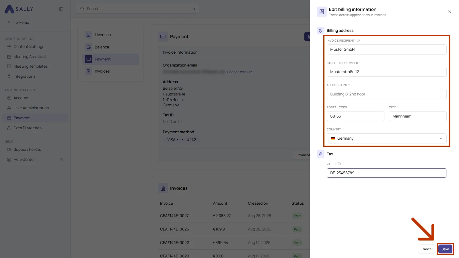 Payment settings with the billing information form open on the right, the billing address fields, the VAT ID field and the Save button