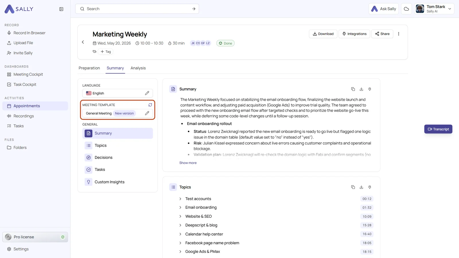 Summary of a recording with the highlighted Meeting template field showing the New version badge and the update icon