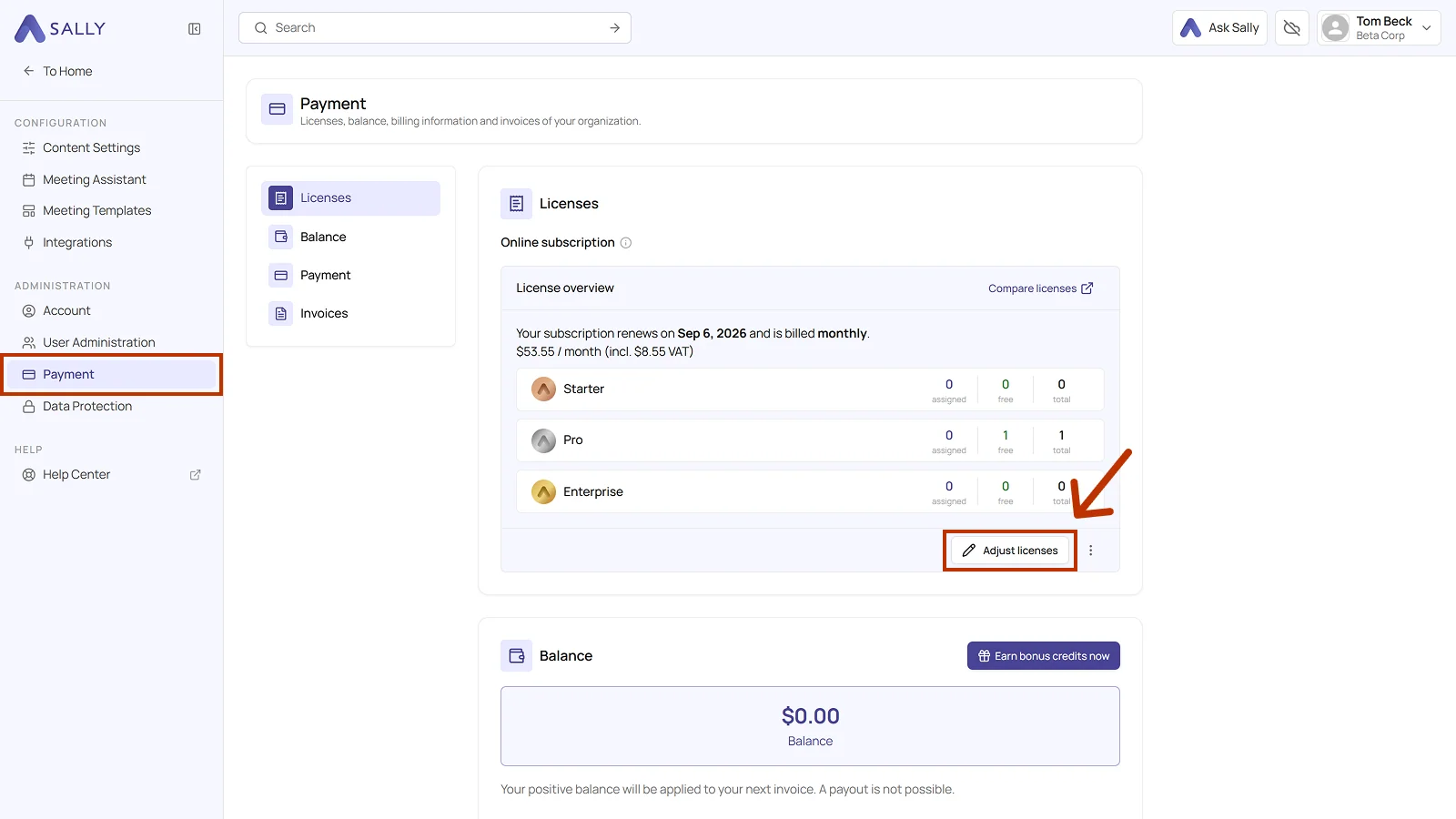 License overview in the payment settings with the Adjust licenses button