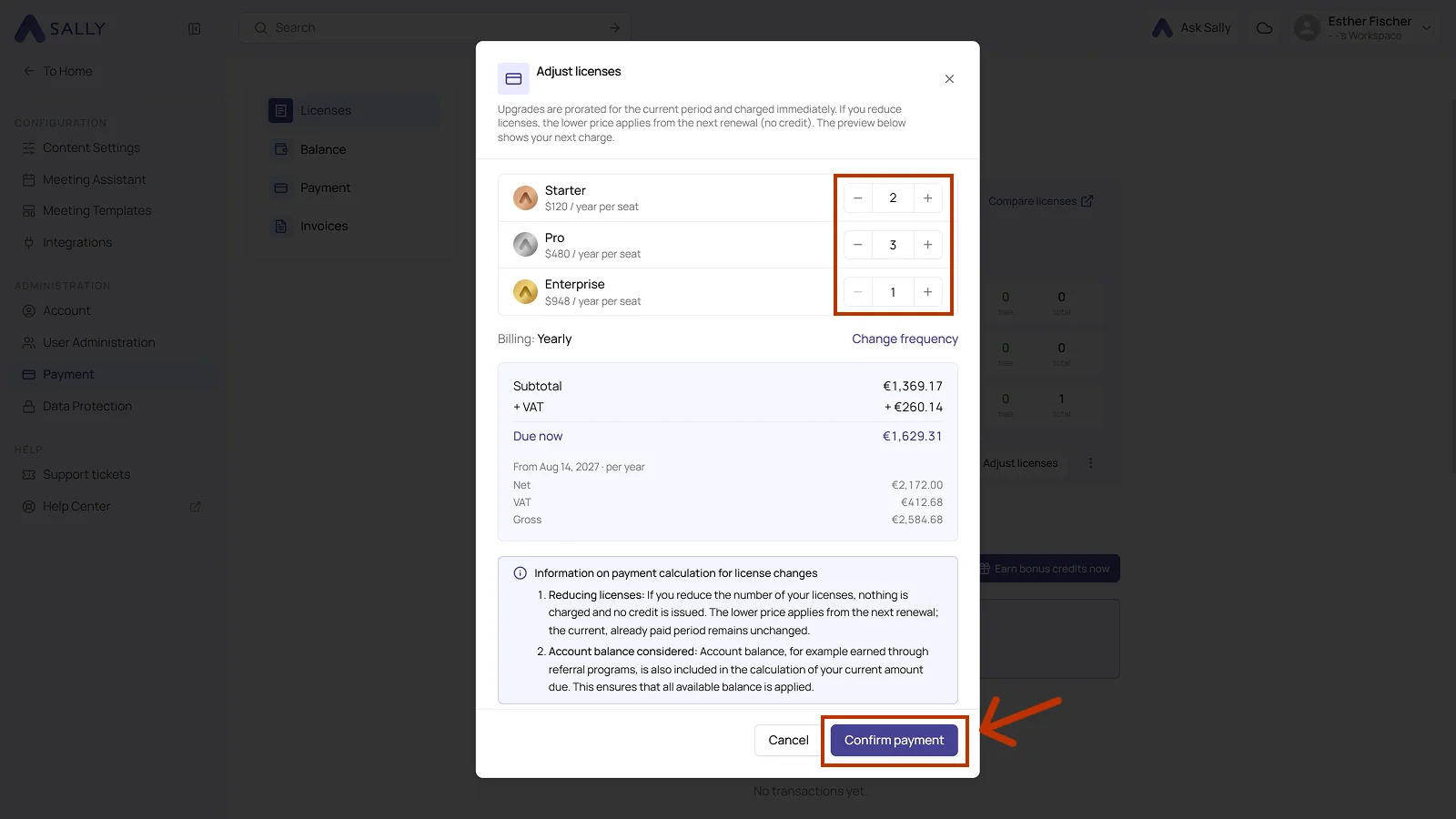 Adjust licenses dialog with the counters per plan, the cost preview, and the Confirm payment button