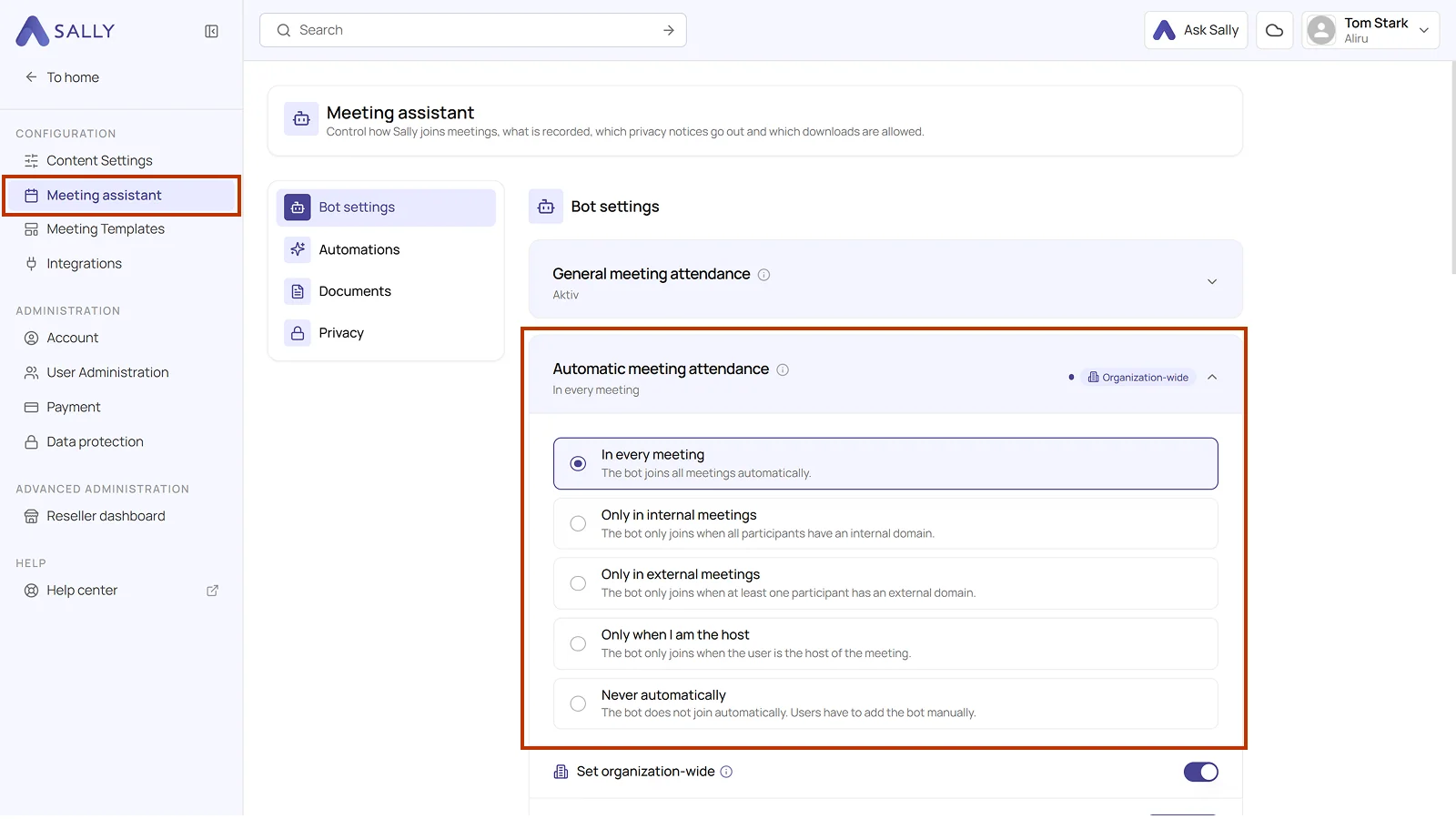 Automatic meeting attendance options in the Sally bot settings