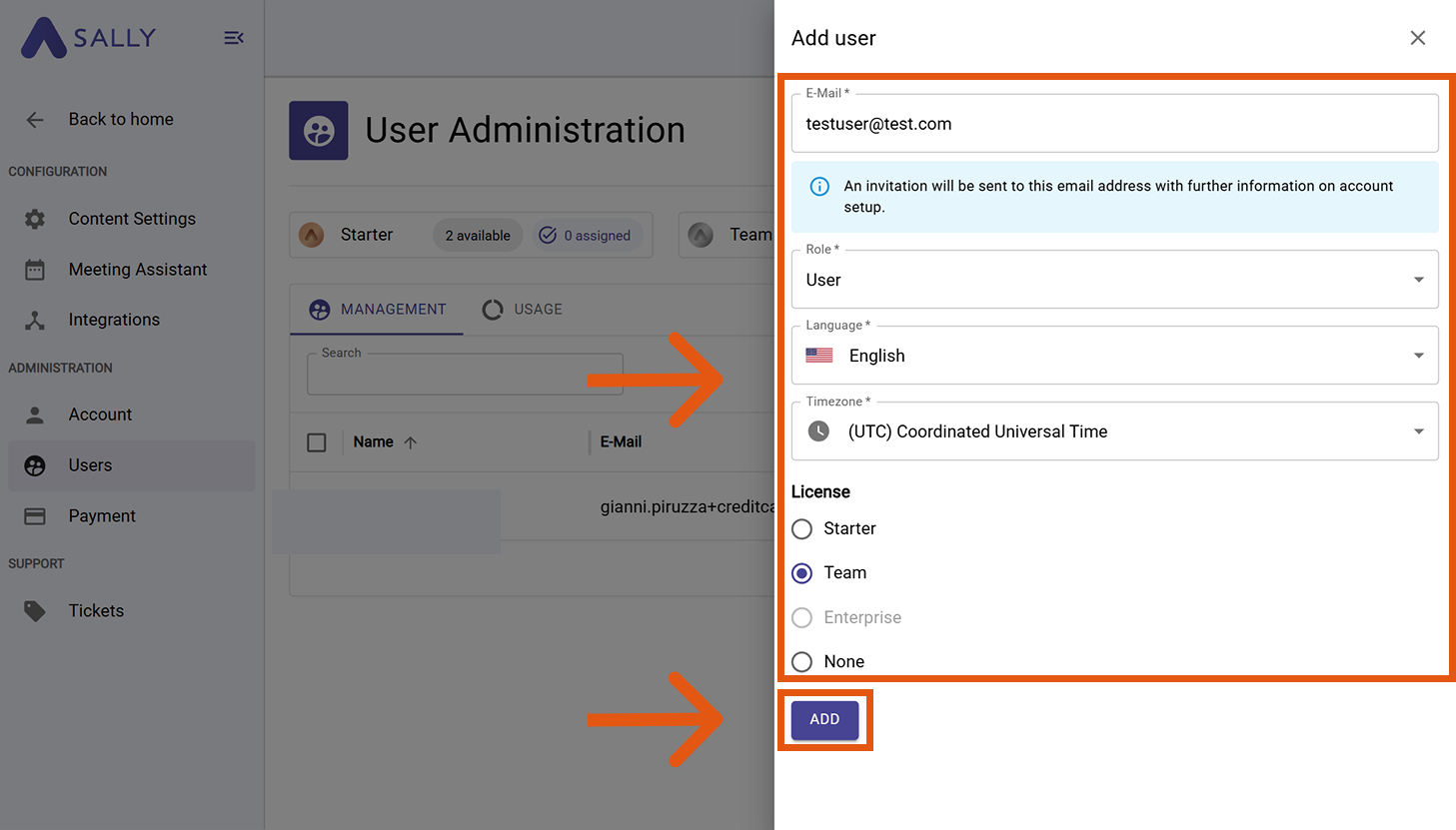 User Administration page with the + New button highlighted