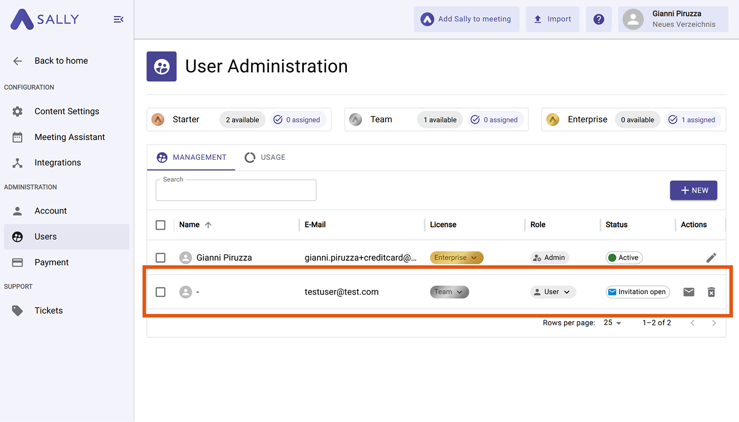 Form for adding a new user with fields for email, role, language, timezone and license type