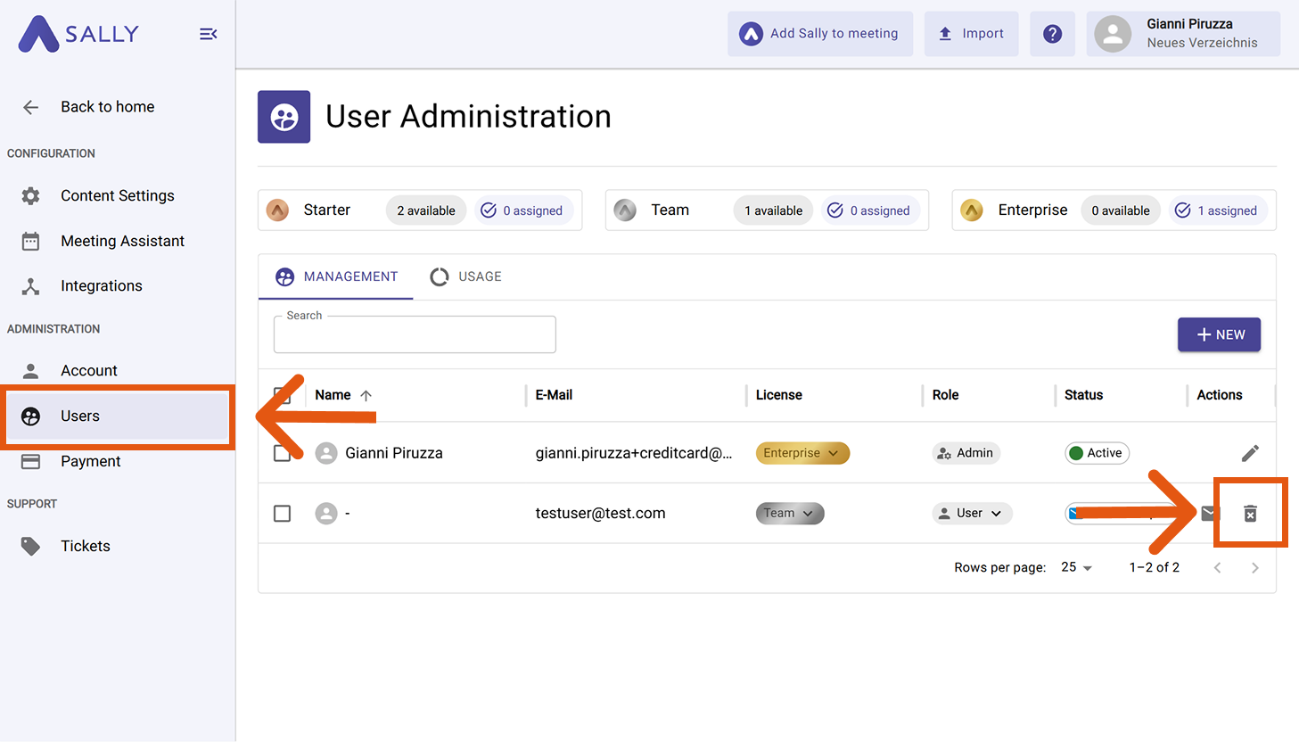 User Administration page with the trash bin icon highlighted