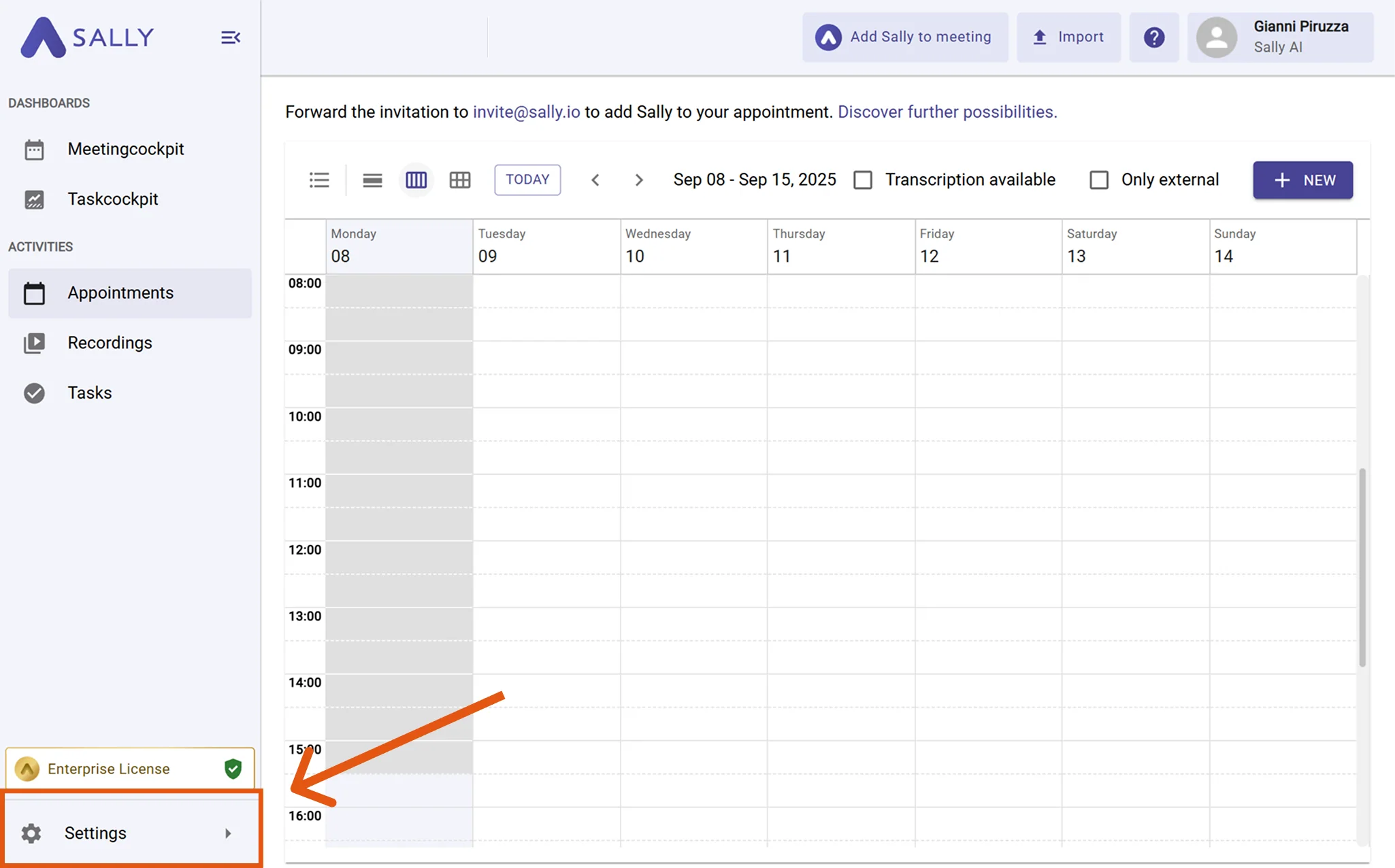 Sally main screen with Settings highlighted in the left sidebar