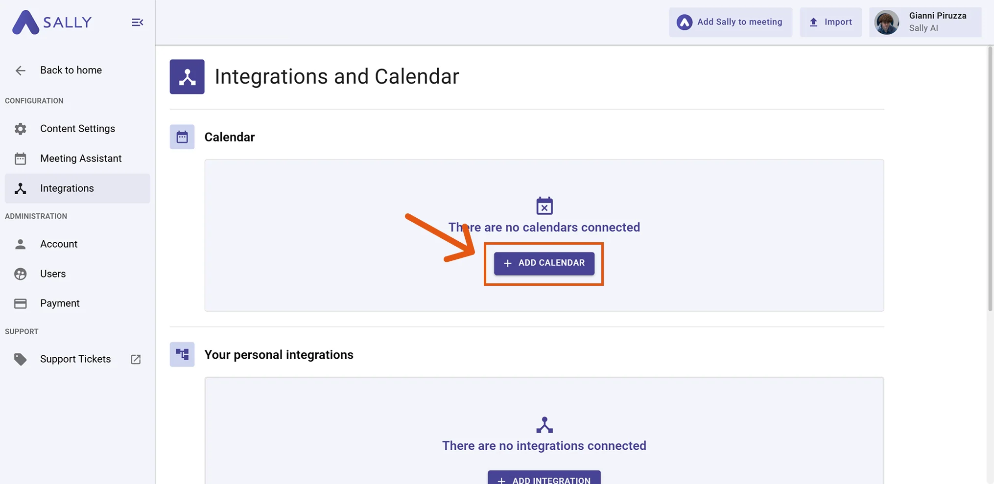 Sally Integrations page with Add Calendar button highlighted