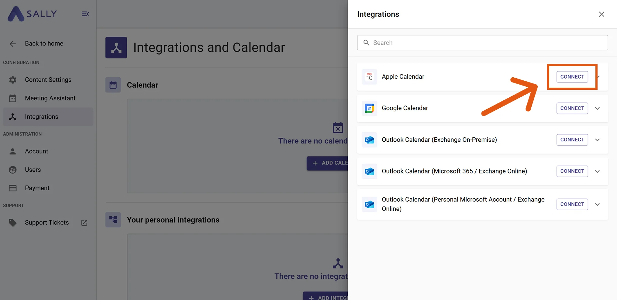 Apple Calendar integration option with Connect button highlighted