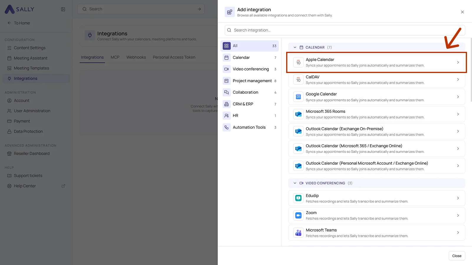 List of all available integrations in Sally with the Apple Calendar entry highlighted