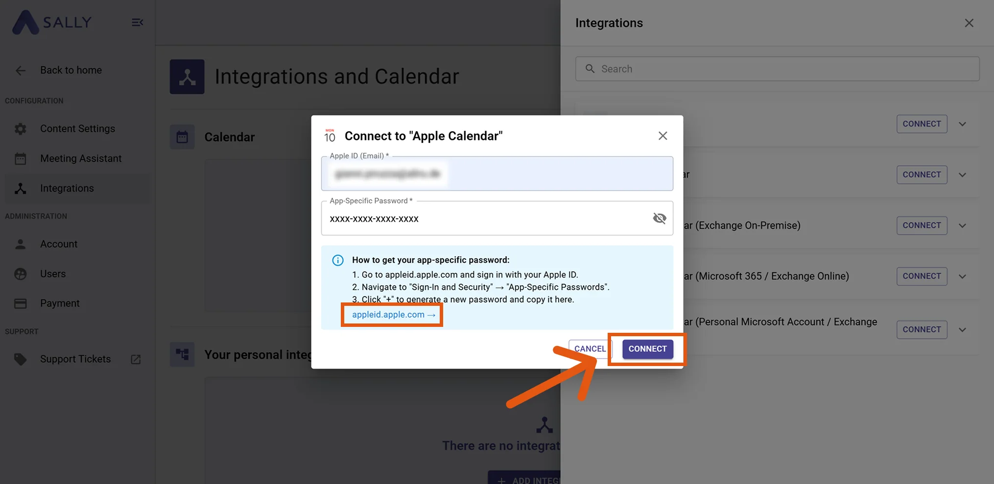 Connect to Apple Calendar dialog with Apple ID and app-specific password fields