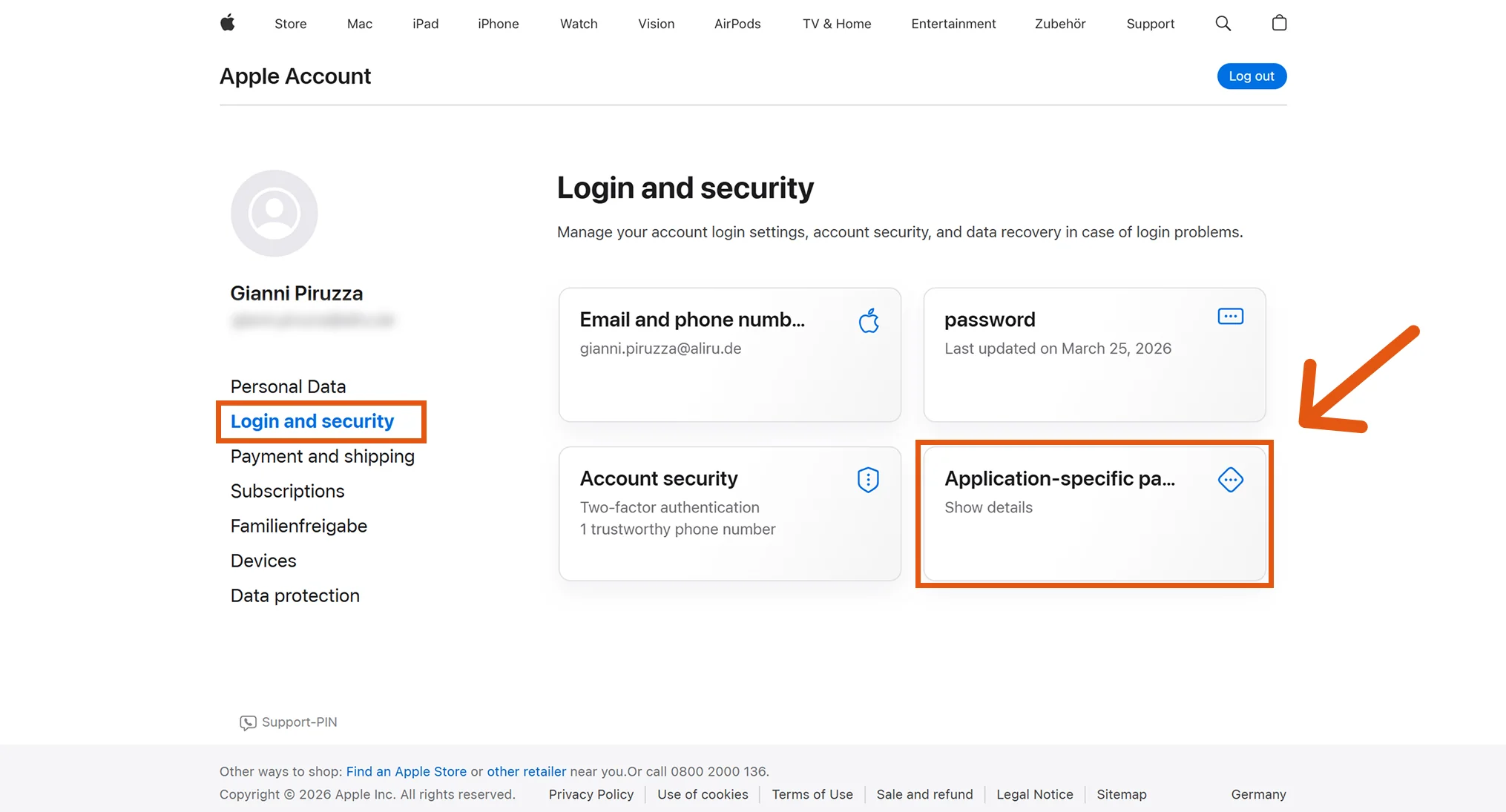 Apple Account page with Login and Security and Application-specific passwords highlighted