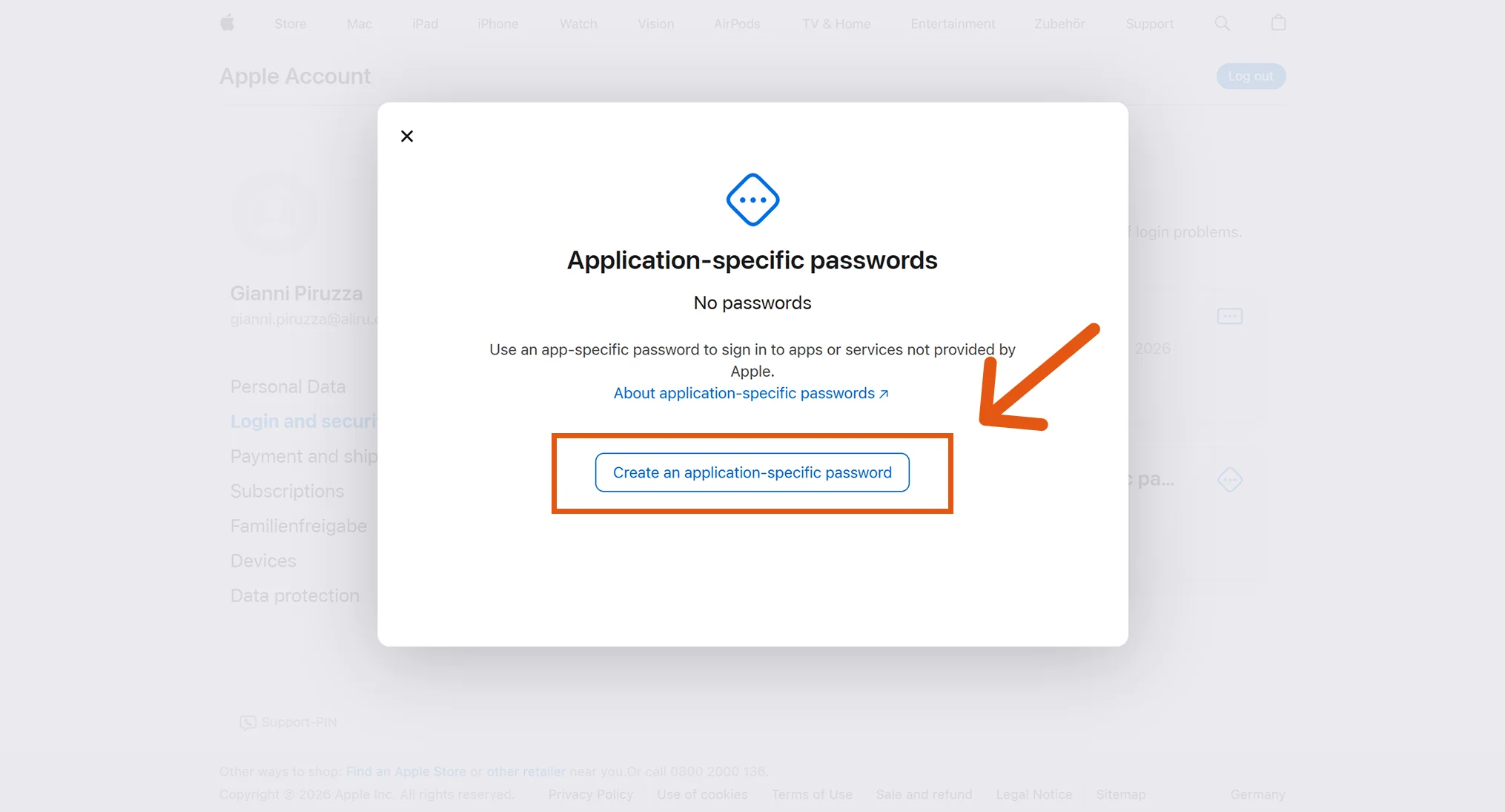 Application-specific passwords dialog with Create button highlighted
