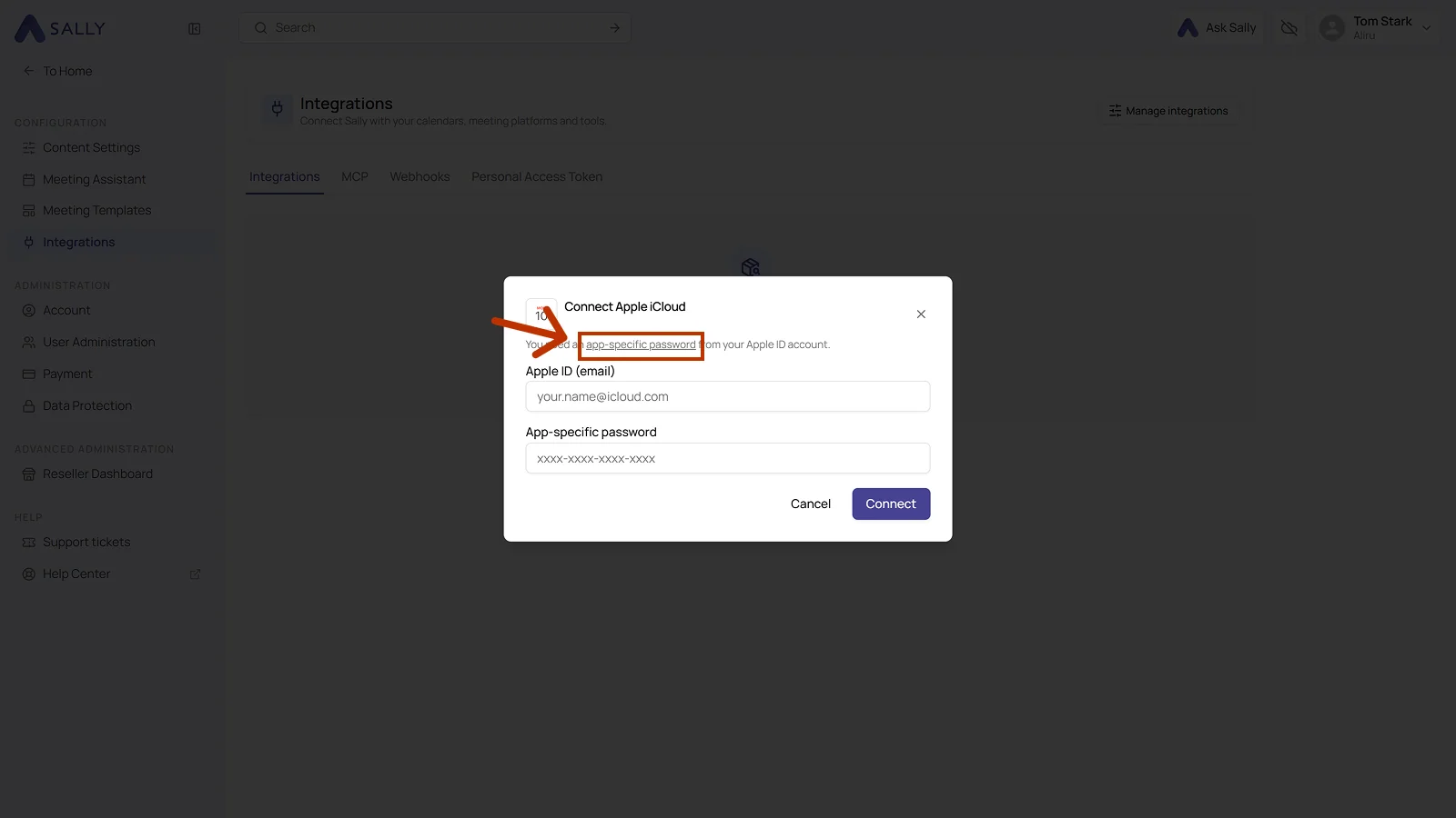 Connect Apple iCloud dialog with the link to the app-specific password highlighted
