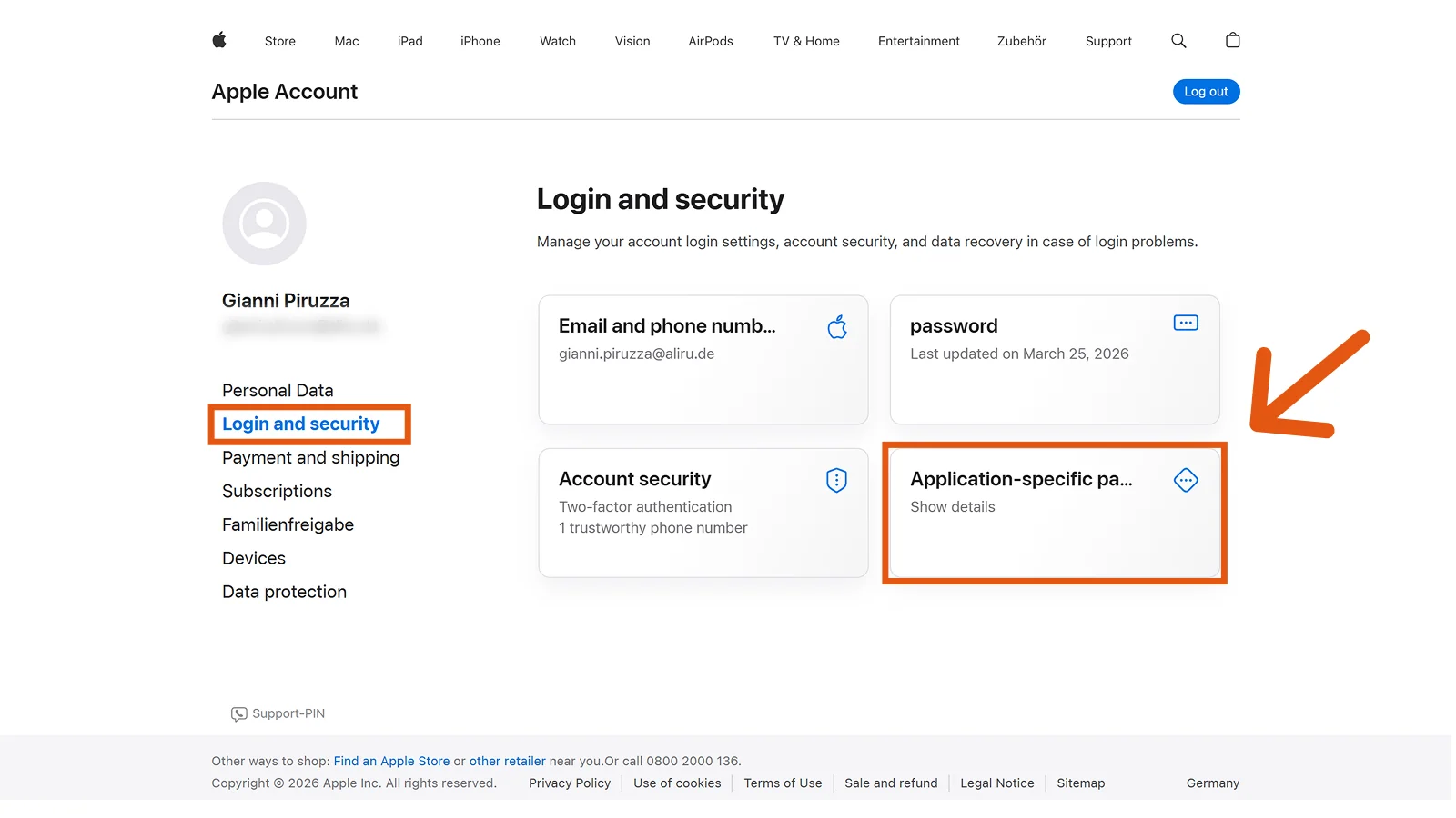 Apple Account under Login and security with the Application-specific passwords card highlighted