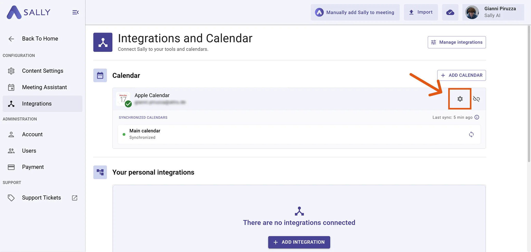 Sally Integrations page with the gear icon next to the connected Apple Calendar highlighted