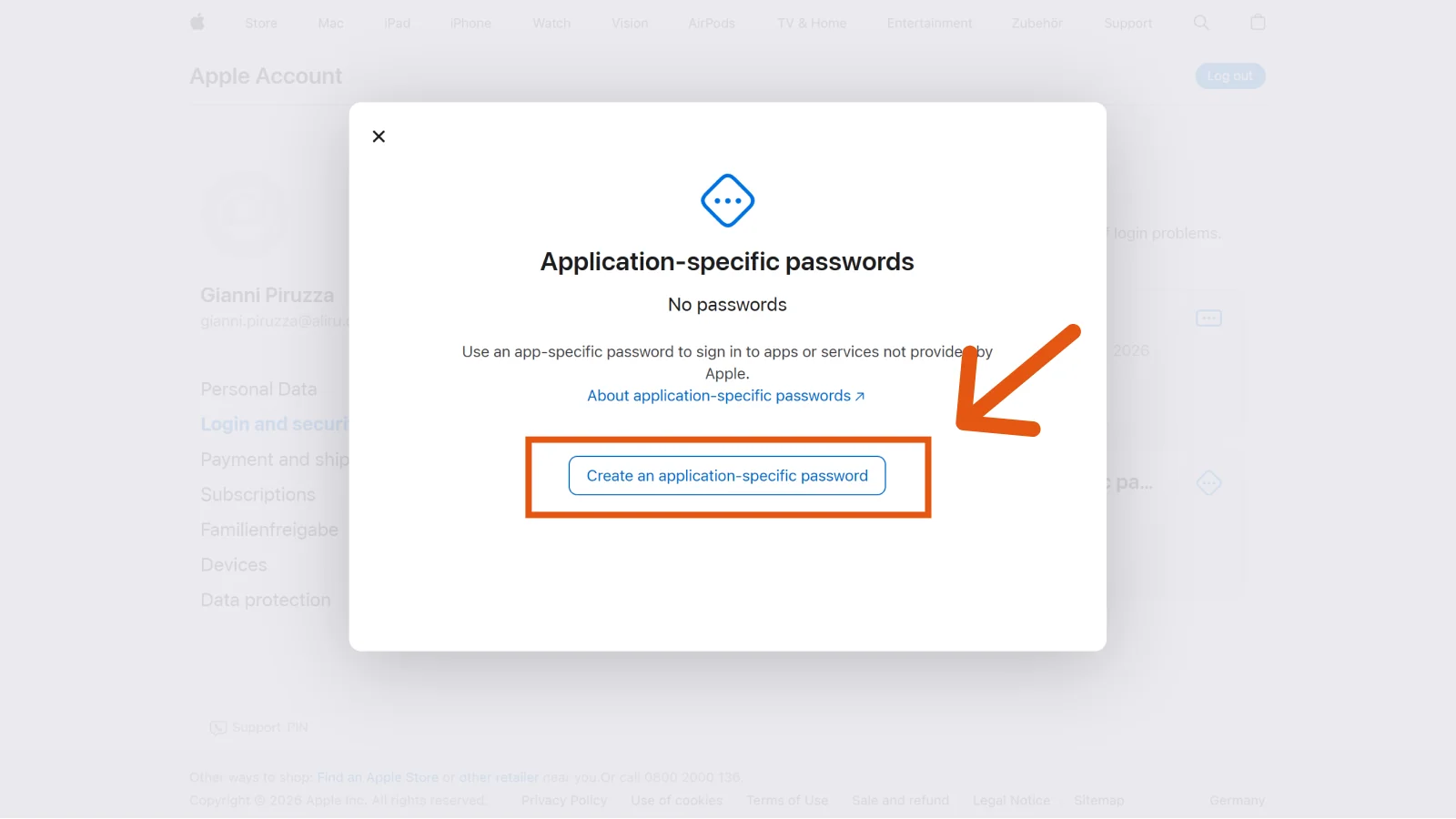 Apple window for application-specific passwords with the create button highlighted