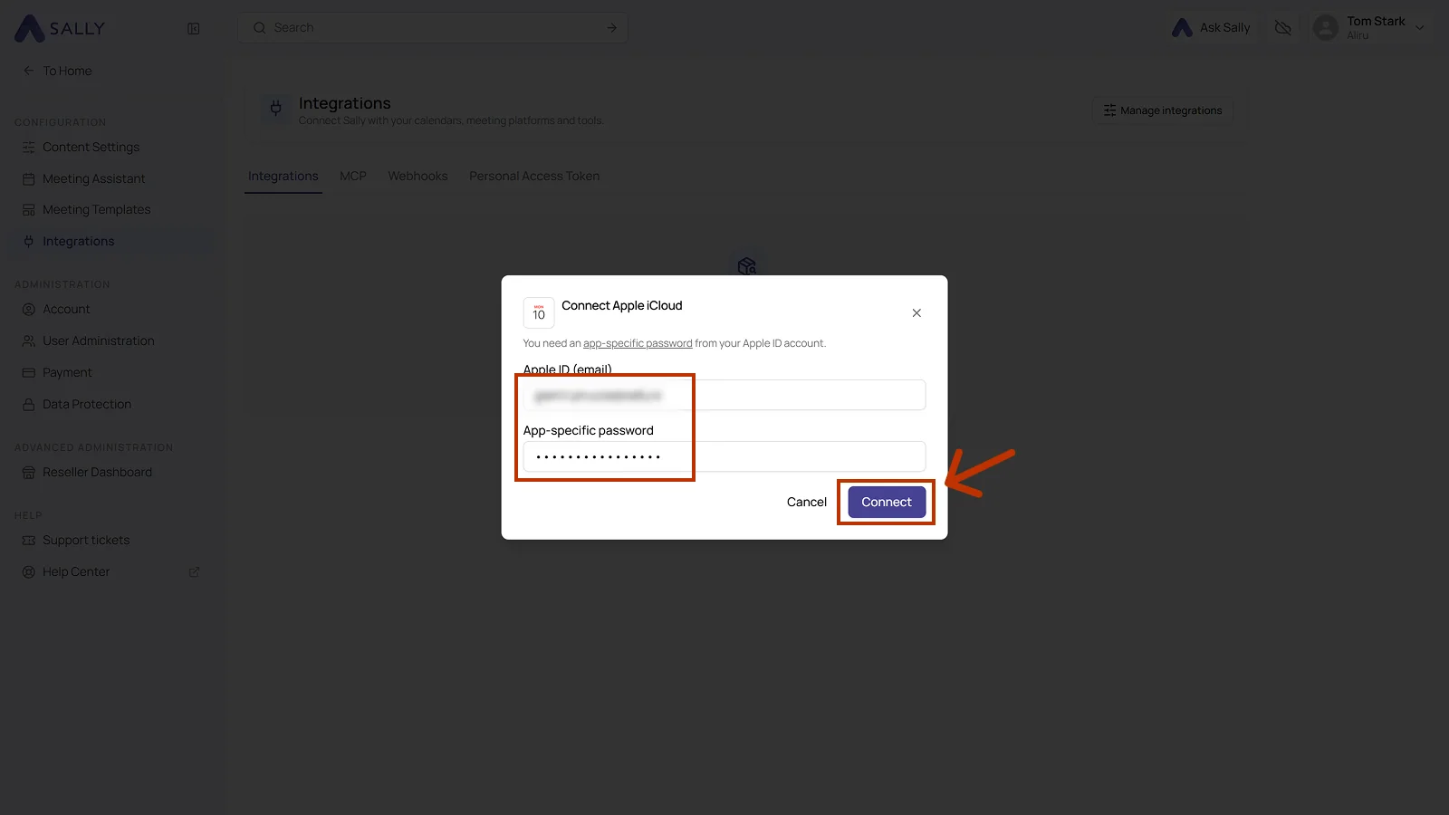 Connect Apple iCloud dialog with both fields filled in and the Connect button highlighted
