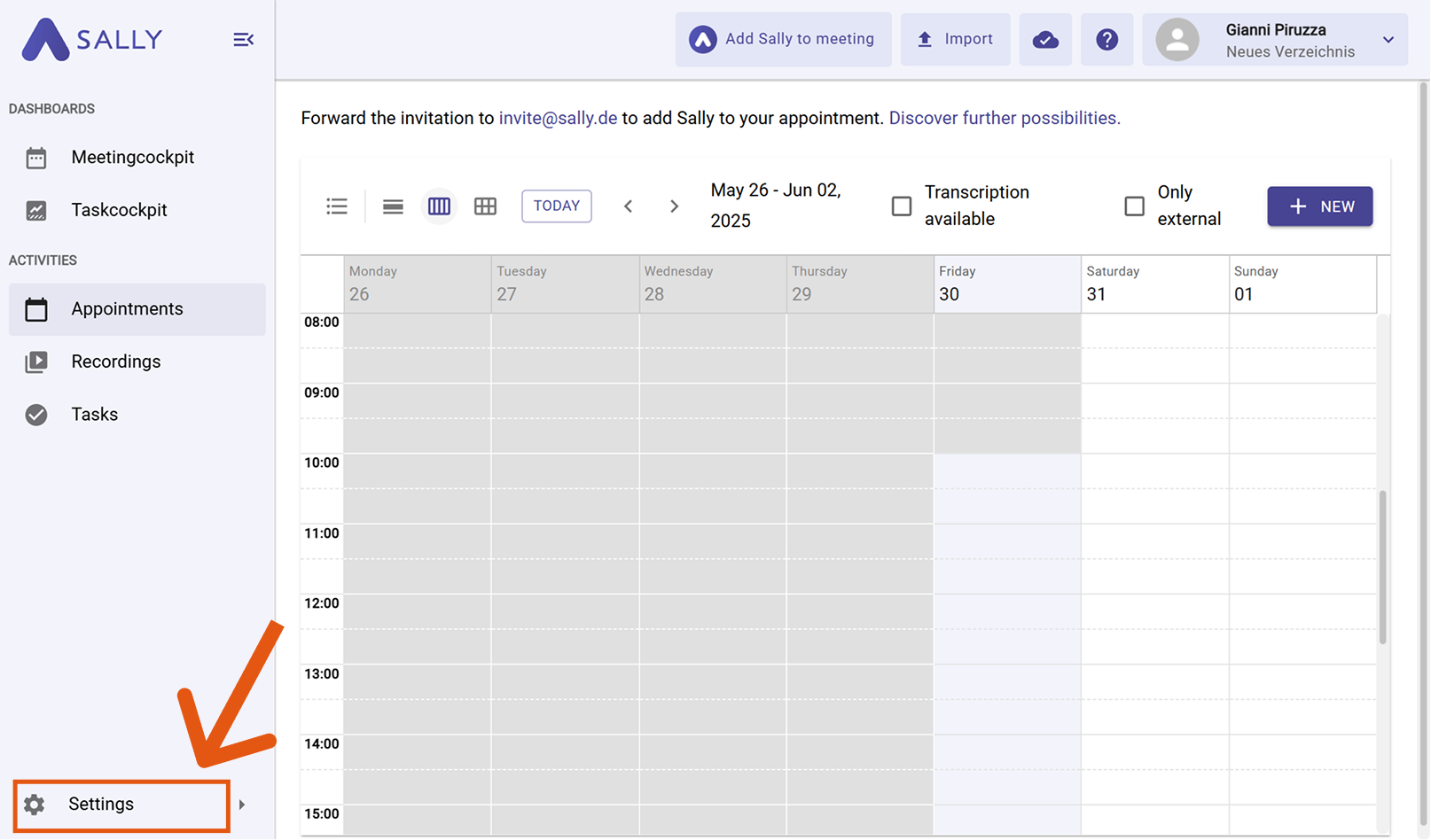 Sally interface with Settings highlighted in the sidebar