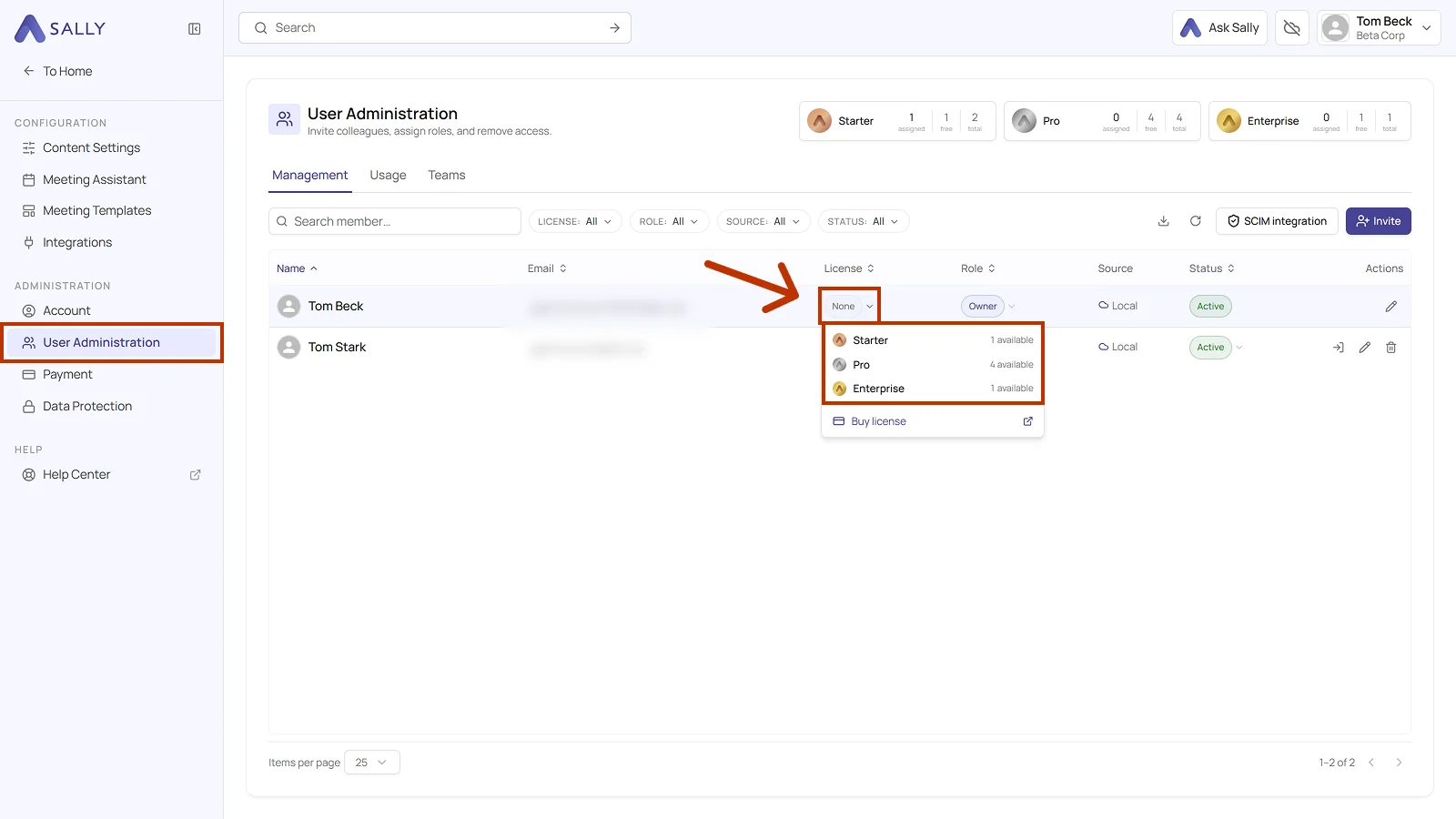 User Administration with the license dropdown open and the Starter, Pro, and Enterprise plans