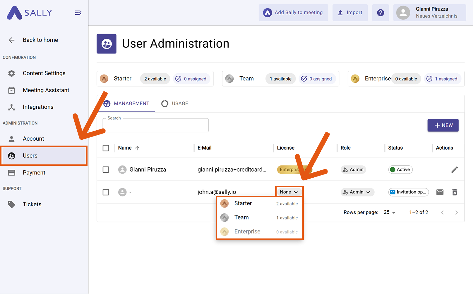 User Administration with available licenses shown above the user list