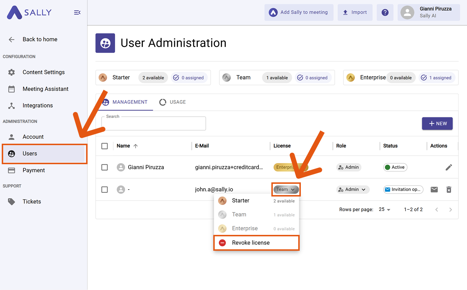 User Administration showing license dropdown with Revoke license option