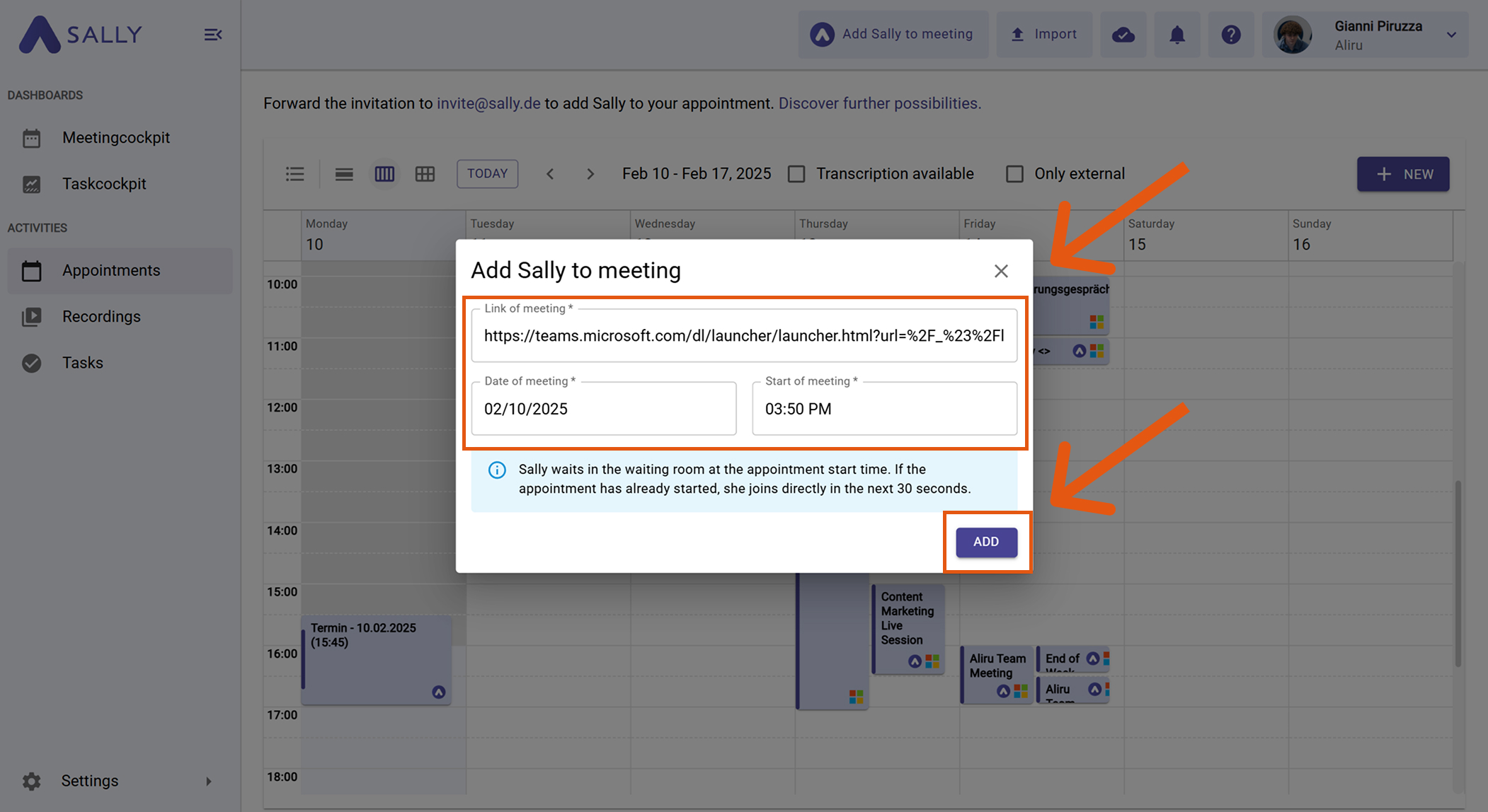 Paste the meeting link into Sally to invite her