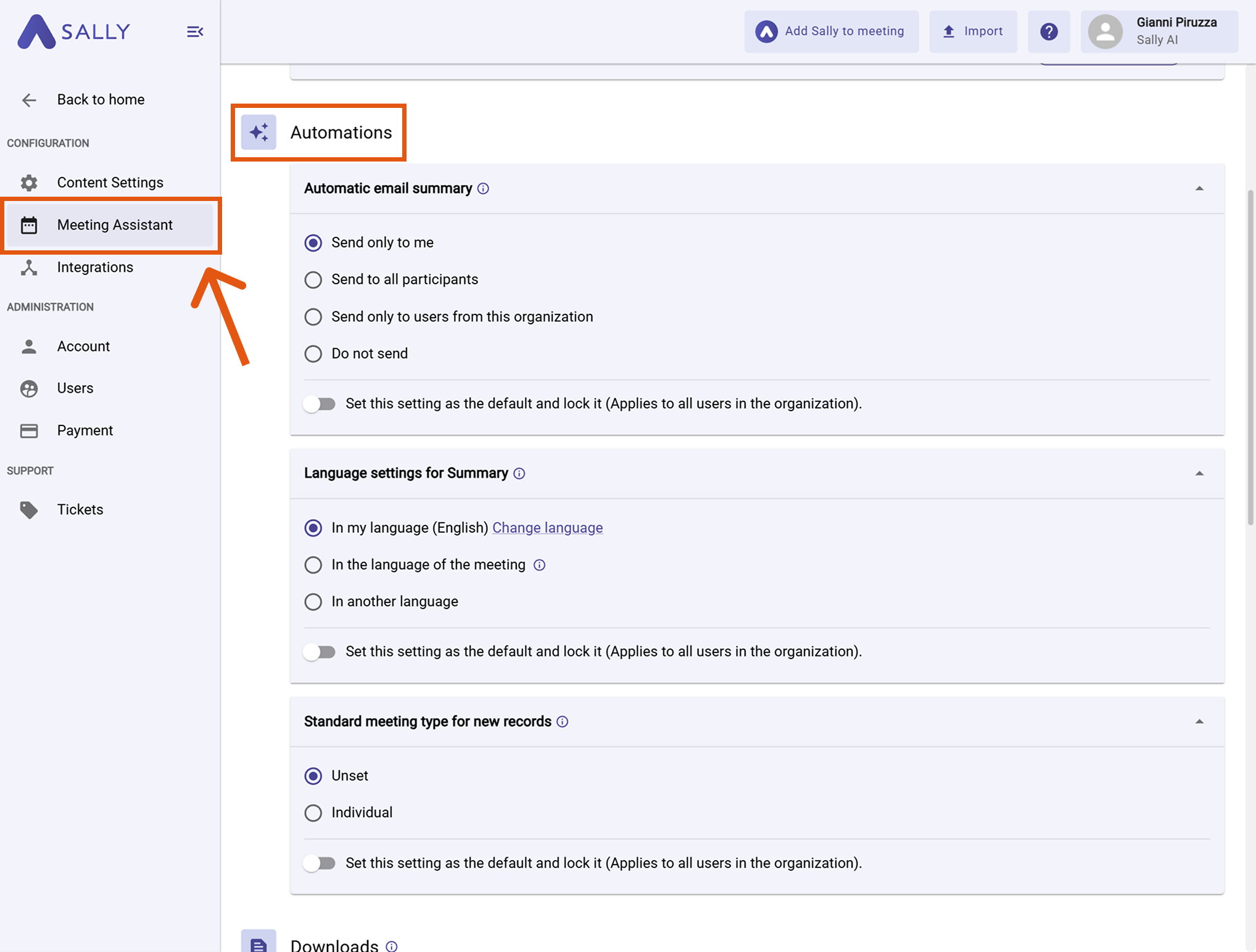 Meeting Assistant Automations view