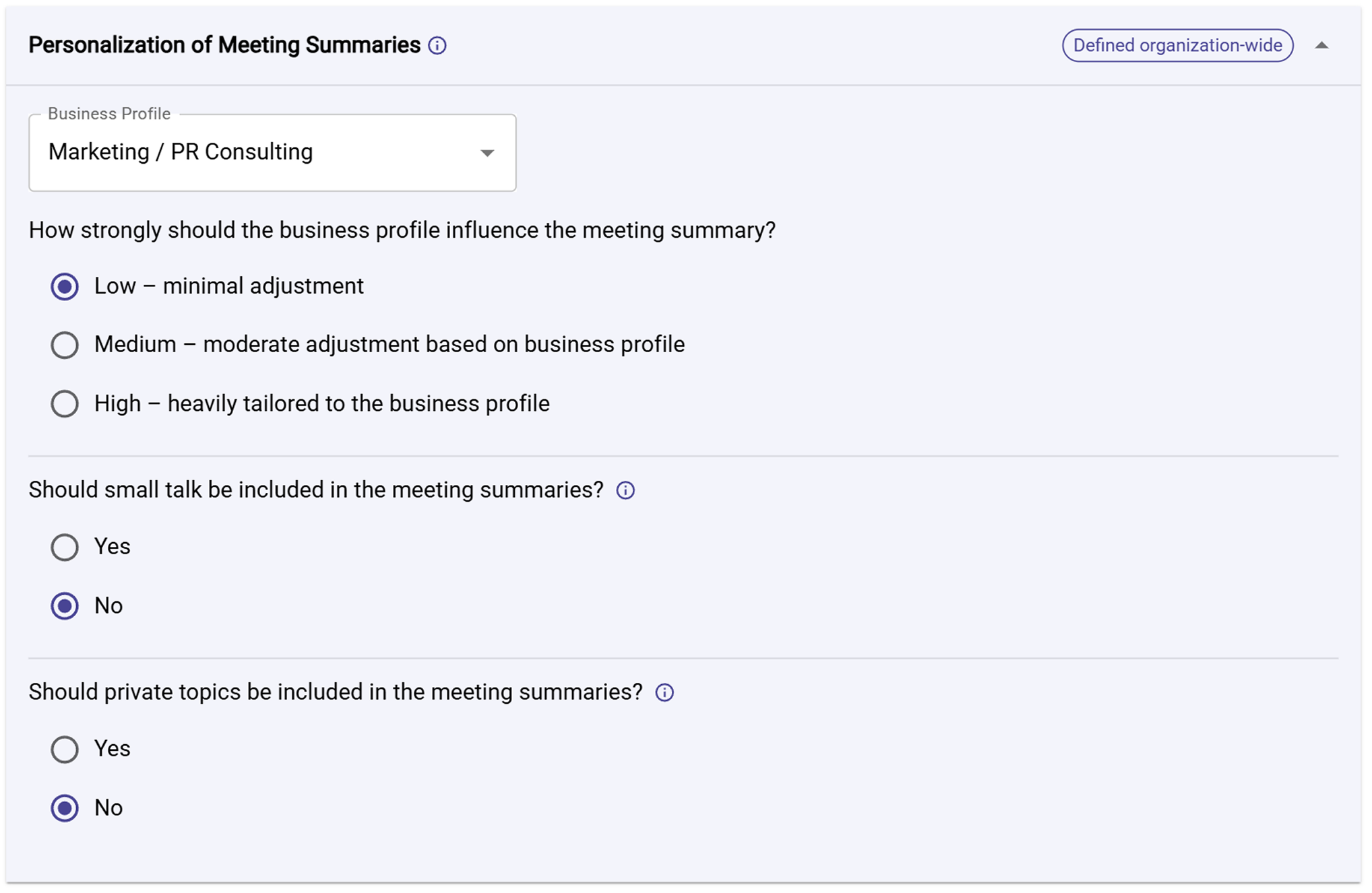 Personalization of meeting summaries settings