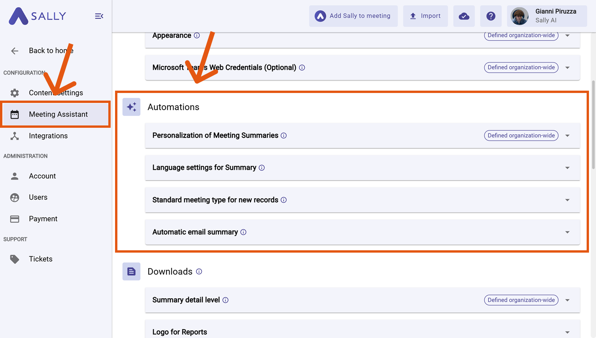 Meeting Assistant Automations view