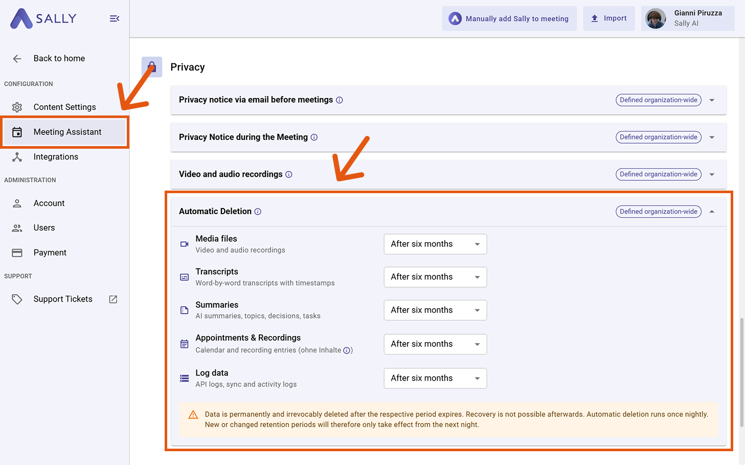 Automatic Deletion settings showing separate retention periods for media files, transcripts, summaries, appointments and log data