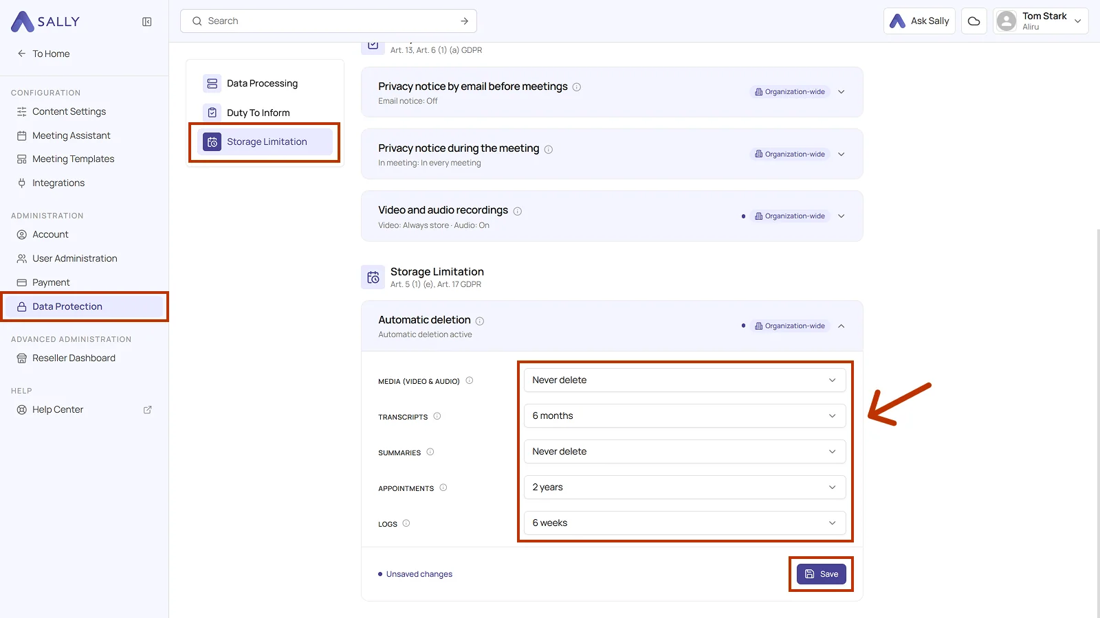 Automatic deletion section with the five retention period dropdowns and the Save button highlighted