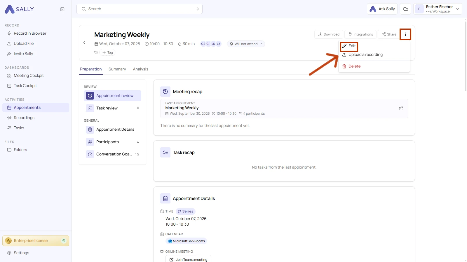 Appointment menu with the Edit entry highlighted