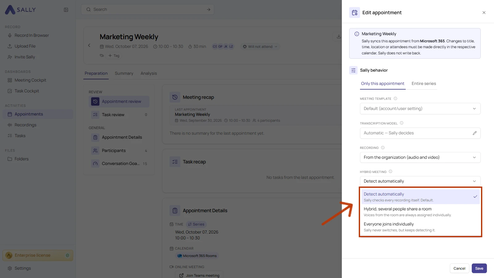 Edit appointment panel with the Hybrid meeting dropdown open, showing the three options
