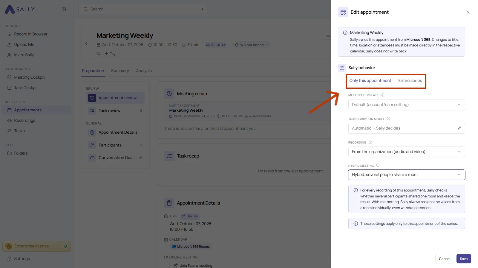 Edit appointment panel with the tabs Only this appointment and Entire series highlighted