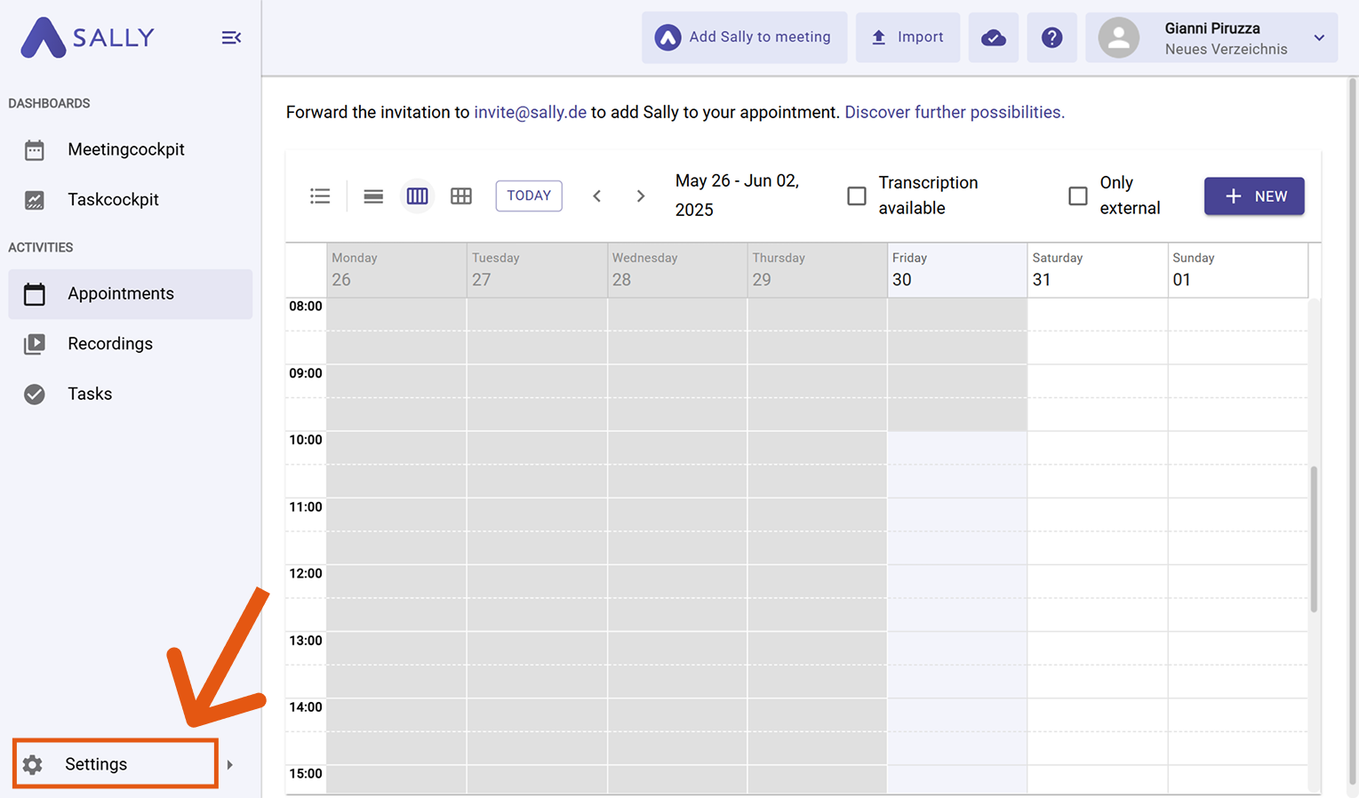 Sally interface with Settings highlighted in the left sidebar