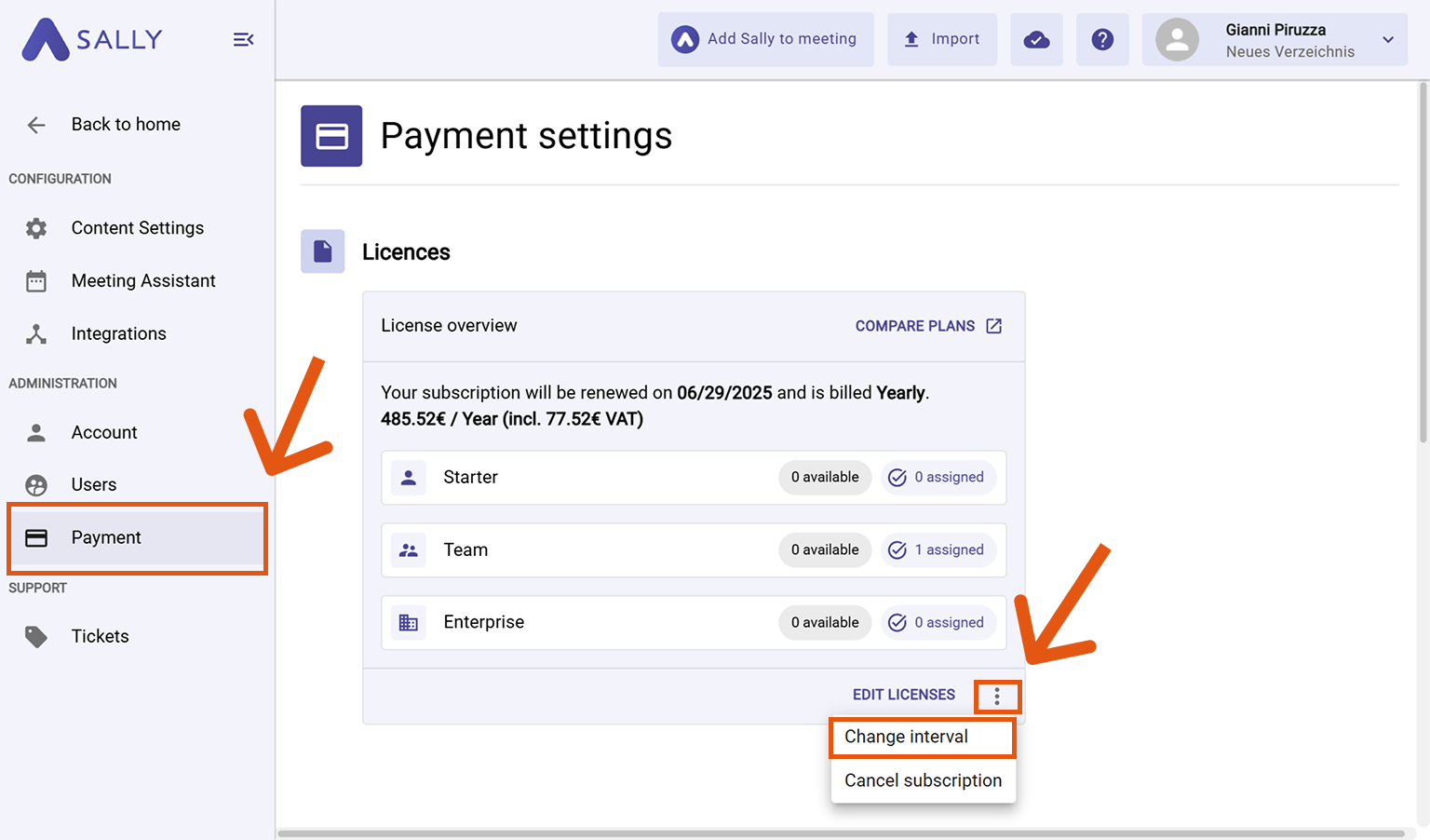 Payment settings page with license overview and three-dot menu highlighted
