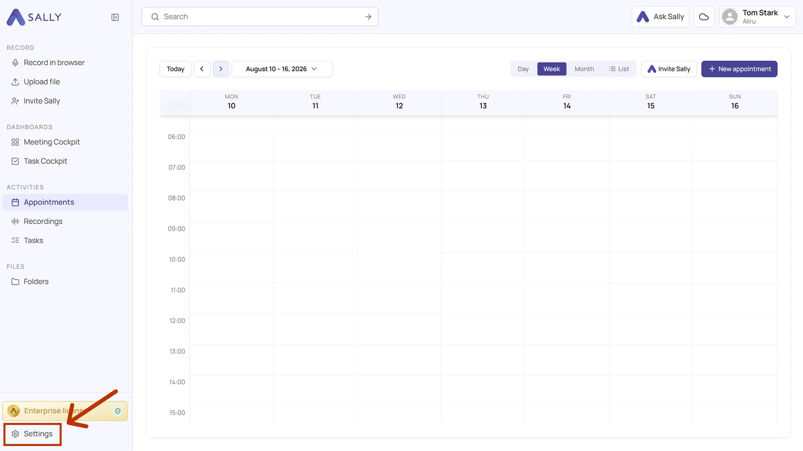Sally sidebar with the Settings entry highlighted at the bottom left