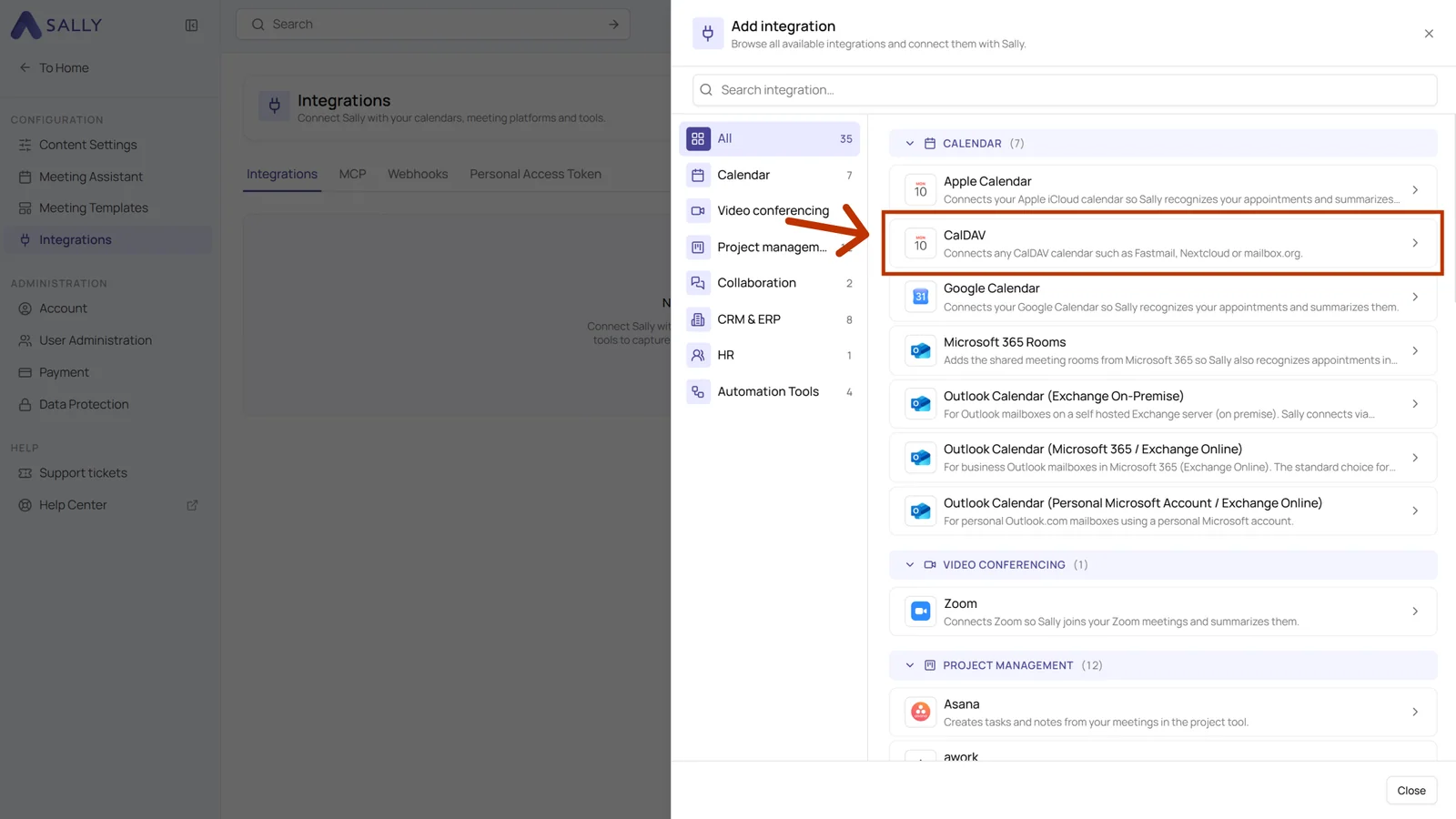 List of all available integrations in Sally with the CalDAV entry highlighted in the Calendar section