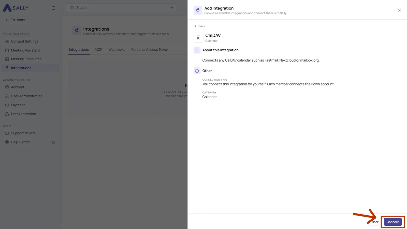 Detail view of the CalDAV integration with the Connect button highlighted in the bottom right