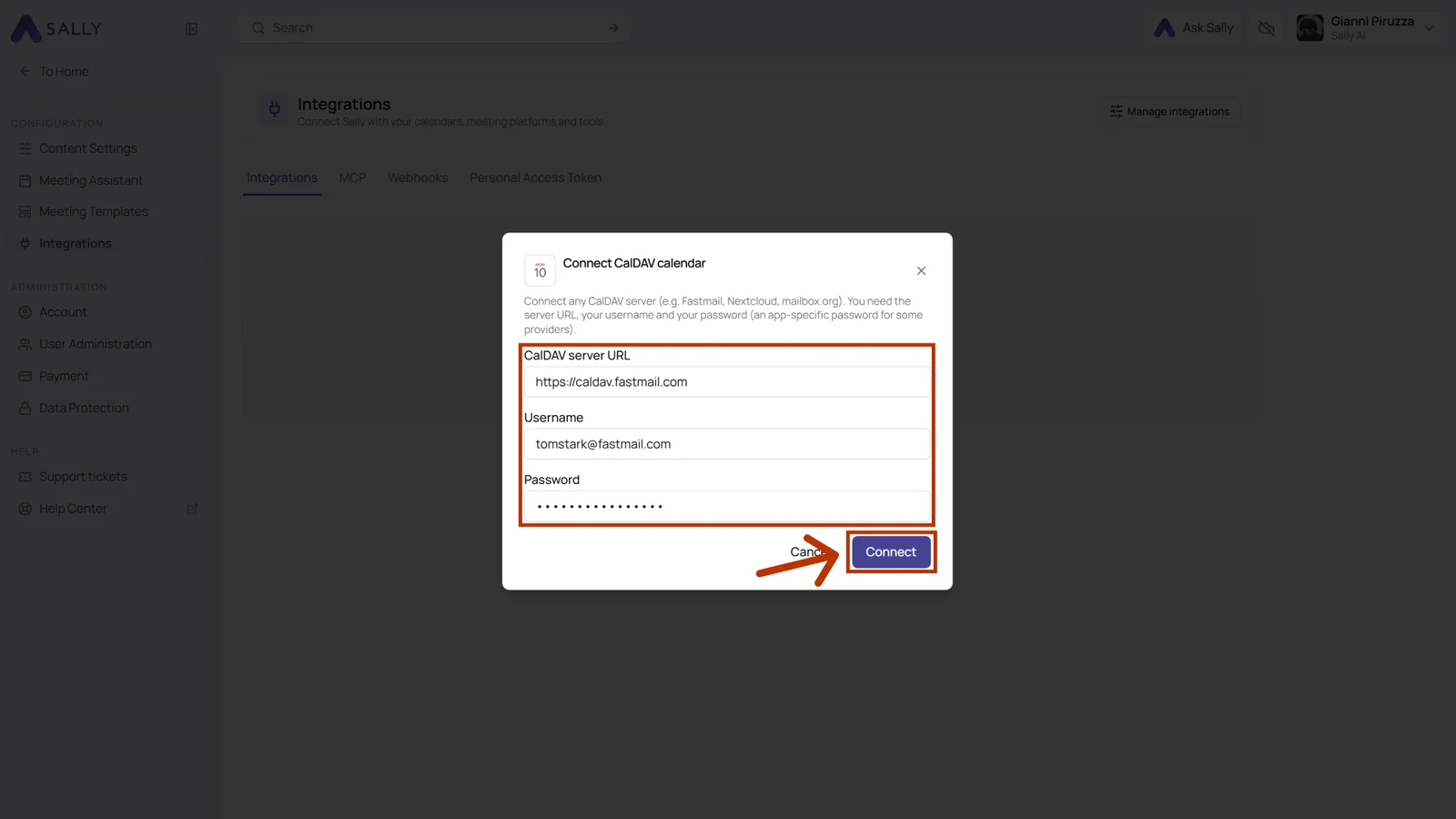 Connect CalDAV calendar dialog with server URL, username and password filled in and the Connect button highlighted