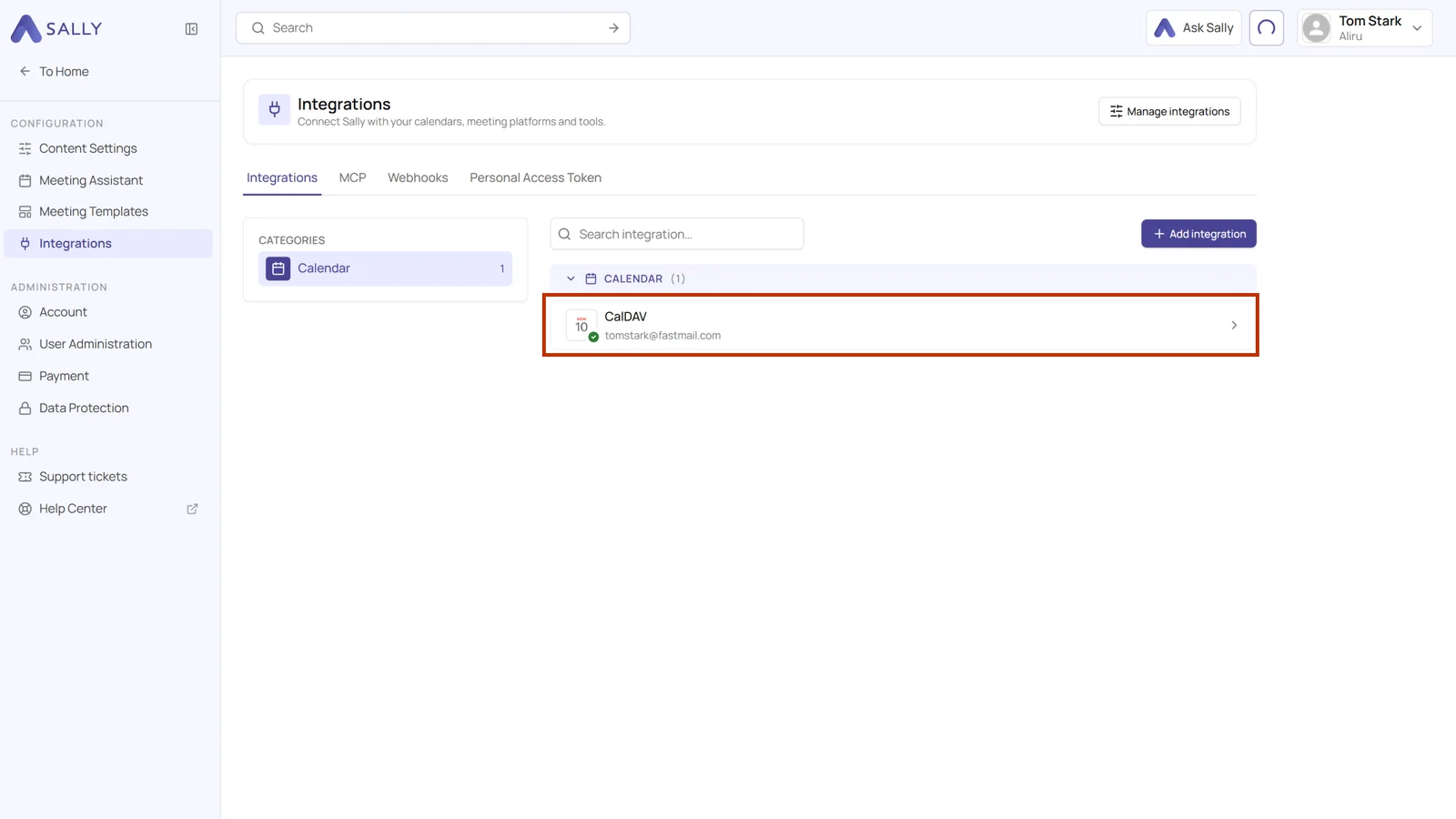 Sally integrations page with the connected CalDAV calendar and the Fastmail address in the Calendar category