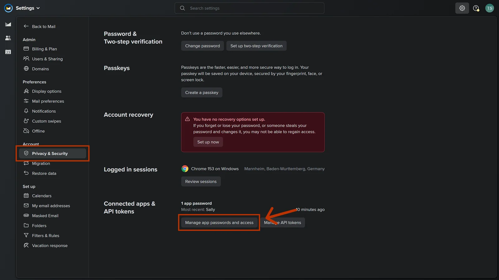 Fastmail settings under Privacy & Security with the Manage app passwords and access button highlighted