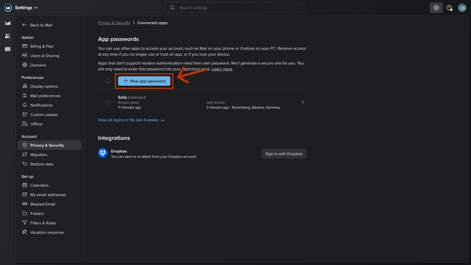 Fastmail overview of connected apps with the New app password button highlighted
