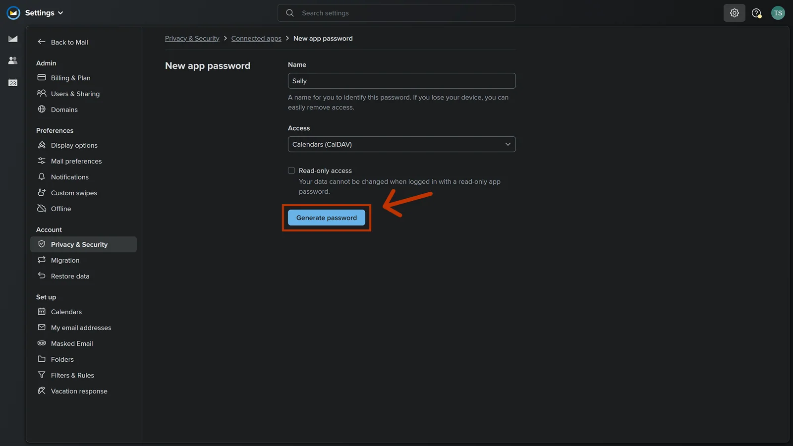 Fastmail form for a new app password with the name Sally, access Calendars (CalDAV) and the Generate password button highlighted