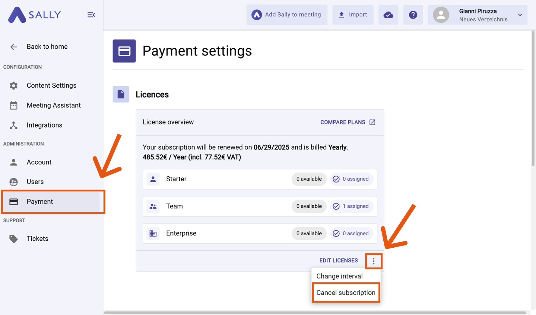 Payment settings with Edit Licenses menu showing Cancel subscription option