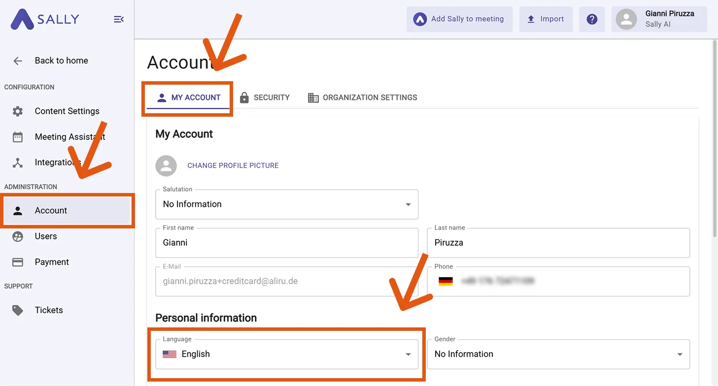 My Account tab with the Language dropdown highlighted