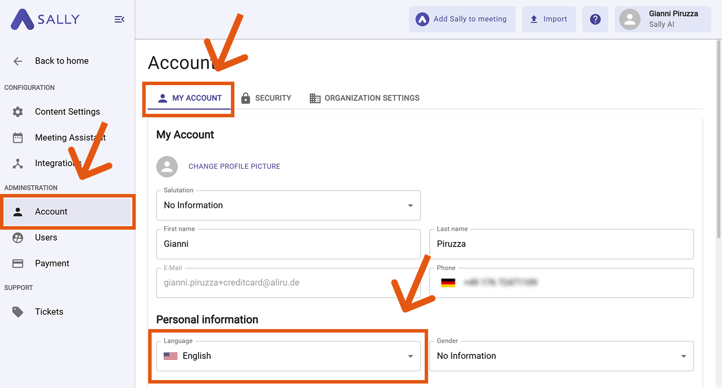 My Account tab with the Language dropdown highlighted
