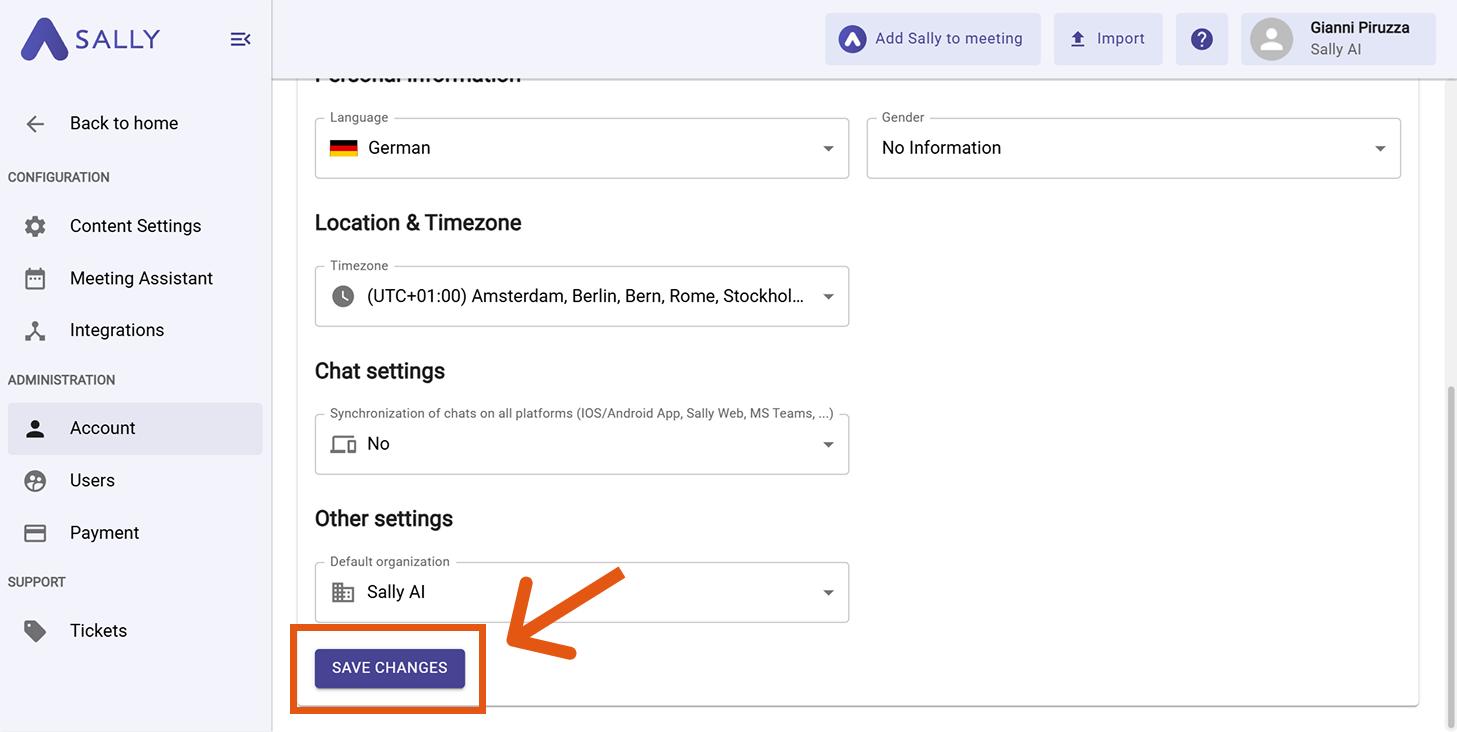 Save changes button highlighted on the account page